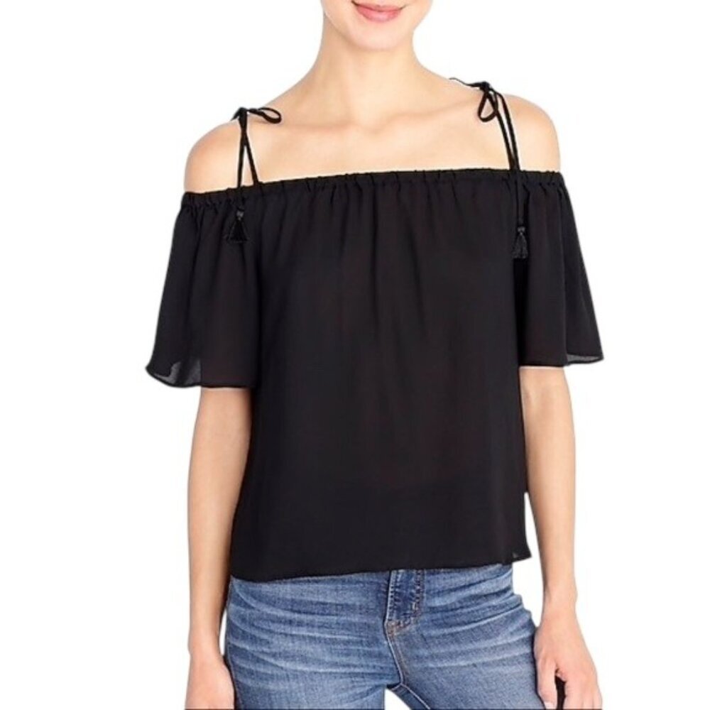 J. CREW FACTORY Black Off-Shoulder Tassel Tie Top, Size 4 - NWT